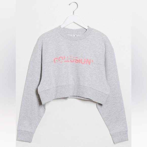 Collusion Spliced Logo Cropped Sweatshirt - Grey - 4 - Picture 2 of 9